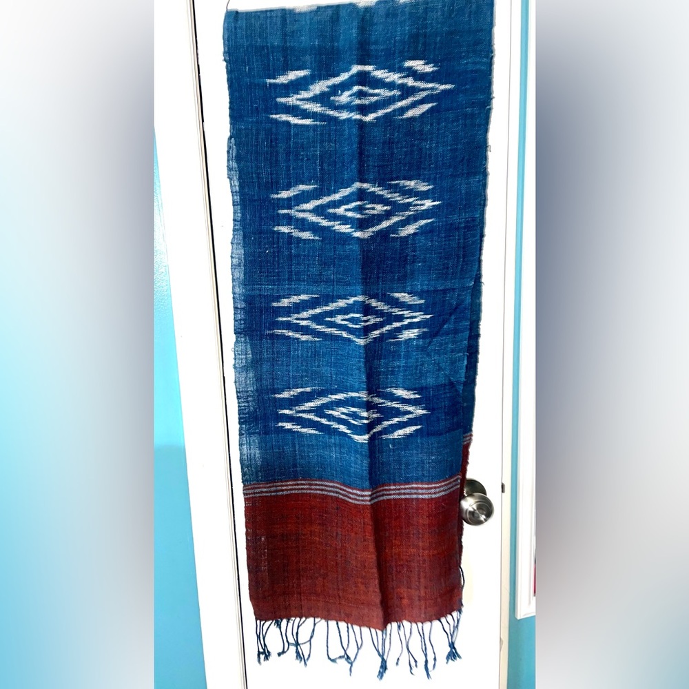 From the country of Laos, Blue and Red Patterned Scarf cotton Blend